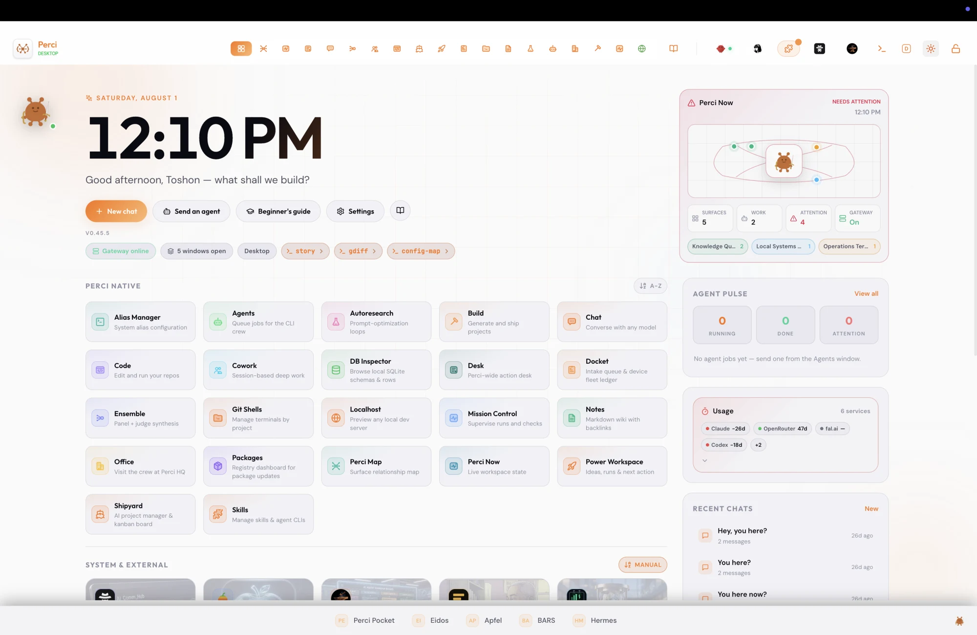 The same Perci desktop in light mode — identical layout on a warm off-white background.