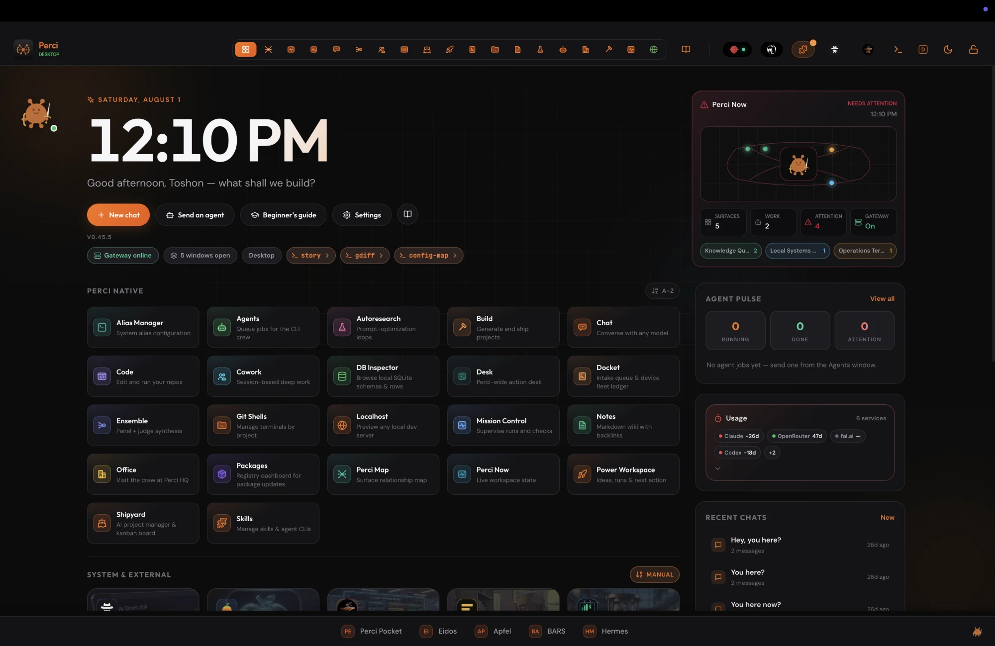 The Perci desktop in dark mode: an app bar with a large clock, a grid of Perci Native tool tiles, a right rail with Perci Now, Agent Pulse, usage and recent chats, and the dock along the bottom.